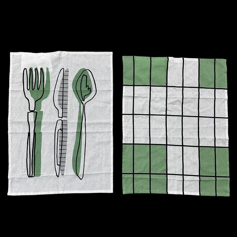 Kitschy Kitchen Dish Towels Green Black White Hanging Loop IKEA Rinnig Cotton - Picture 2 of 7